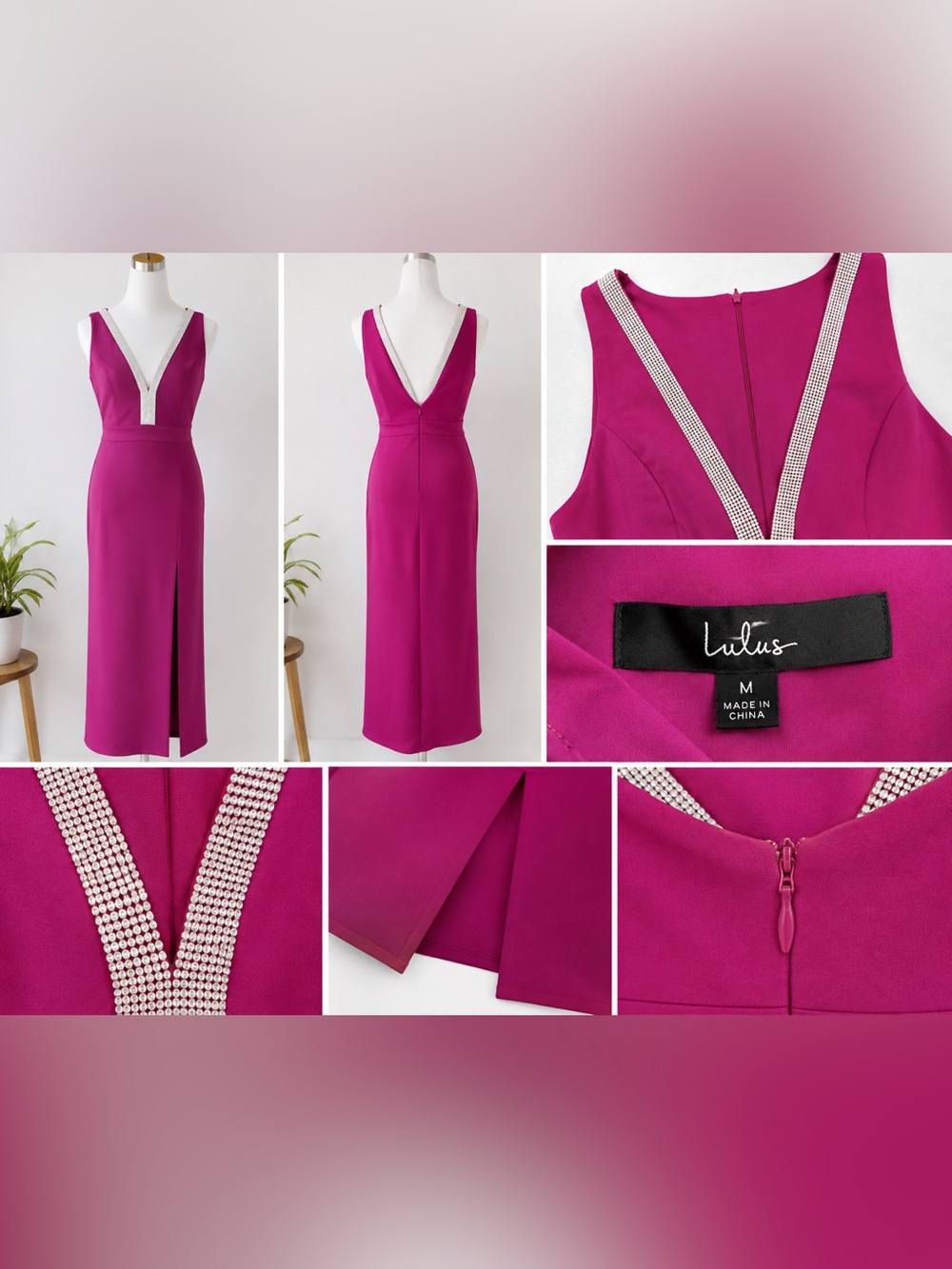 Lulu's Fuchsia Sleeveless V-Neck Maxi Dress with Rhinestone Trim